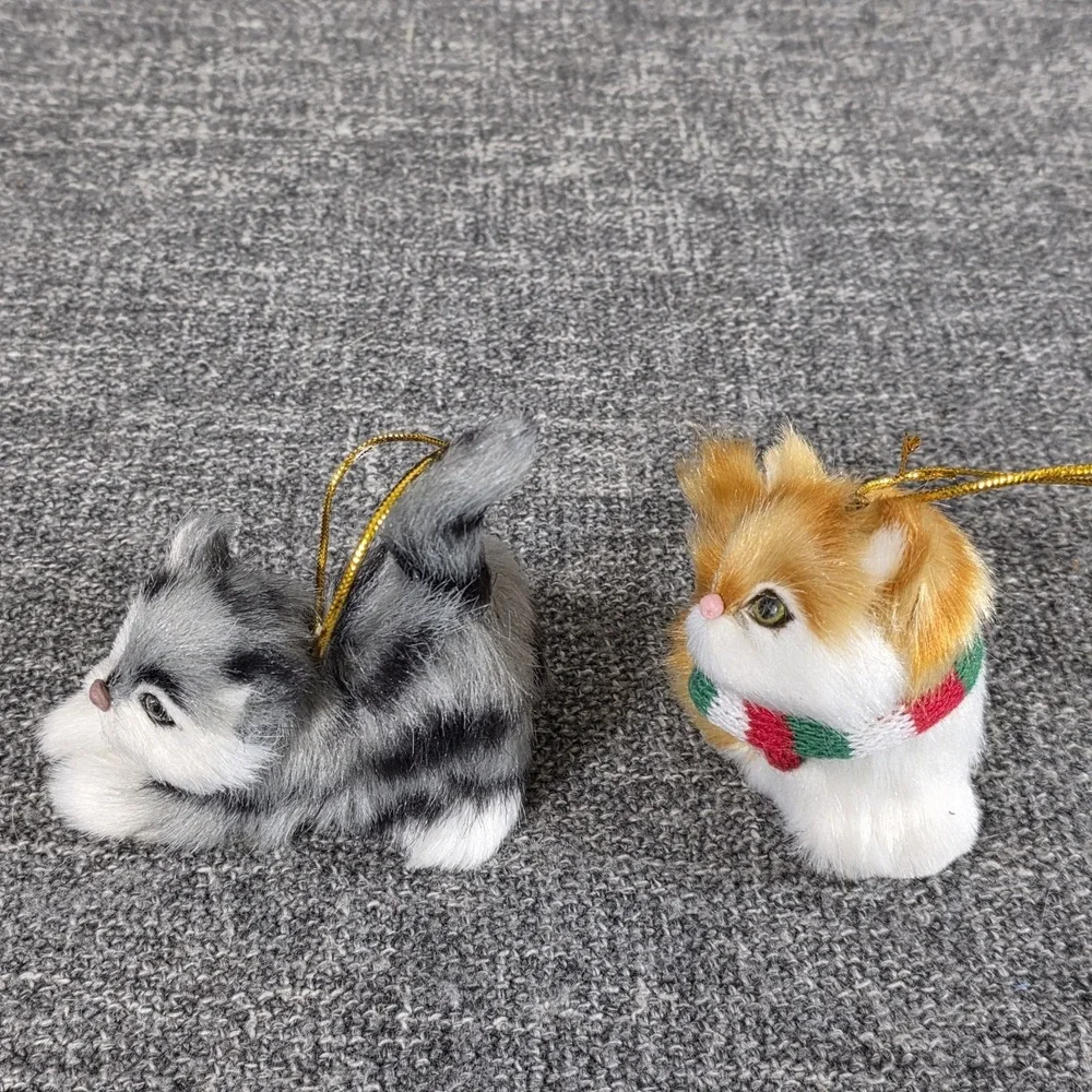 2 Faux Fur Kitten Ornaments Orange Ginger & Gray Tabby Cat Miniature Figurines